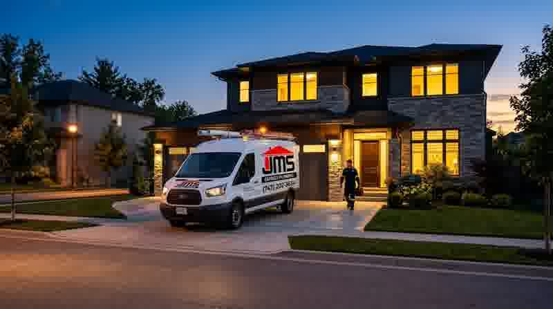 JMS Express Plumbing service vehicle dispatched at evening to home